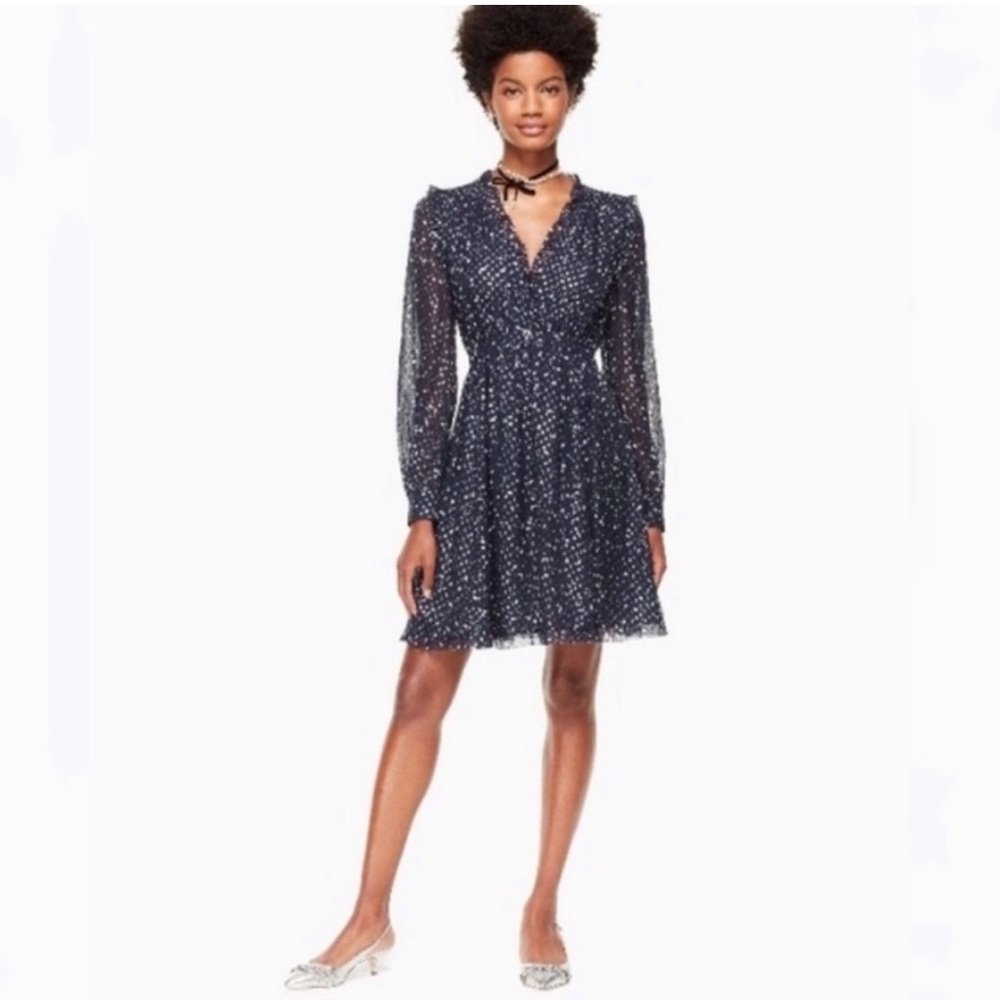Kate Spade Night Sky Silk Dress Lurex Metallic Star Navy Blue Like New 6